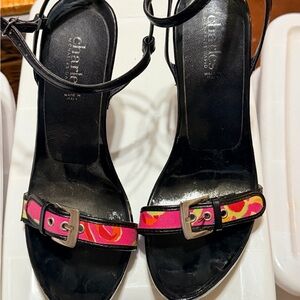 Charles David Black Heels with Pink Patterned Strap